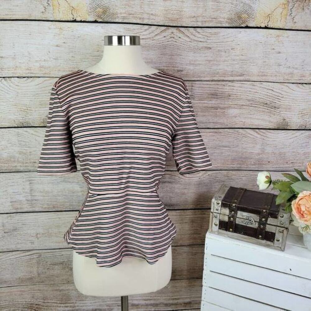 5/$25 Talbots Womens Striped Peplum Top Size PM Black Short Sleeve Boat Neck
